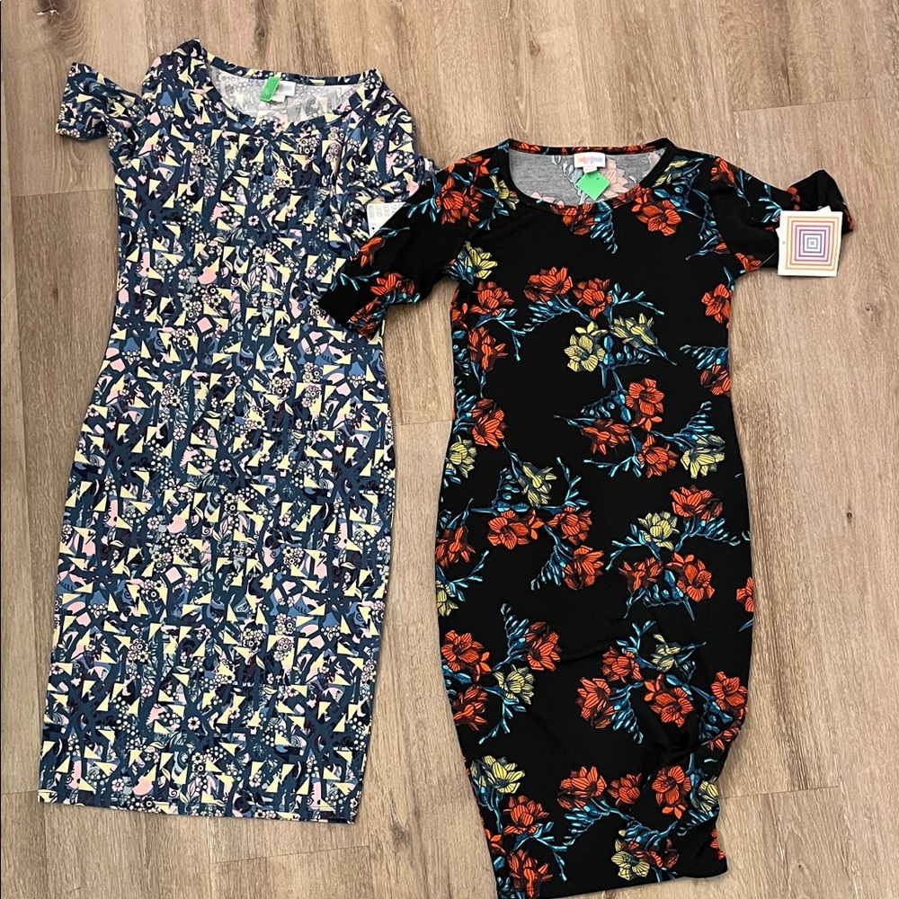 LuLaRoe Midi Dresses - Blue Geometric and Black Floral (2 dresses)